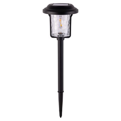 Picchetto solare decorativo "SIMON", alto 54,7 cm, in metallo nero e vetro strutturato, LED integrato, bianco caldo.