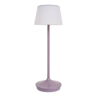 Lampada da tavolo solare a batteria "EMMI", altezza 38 cm, paralume Ø 13 cm, metallo color mora e plastica bianca, per uso esterno, dimmerabile CCT.
