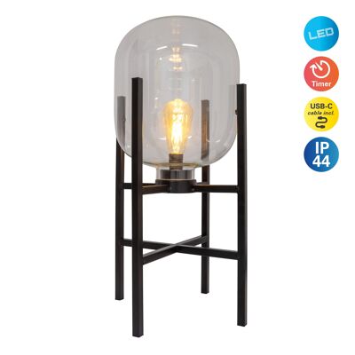 Lampada a LED con piedistallo "LORA" altezza 58 cm, in metallo e vetro, realizzata in metallo nero e vetro trasparente, per uso interno ed esterno