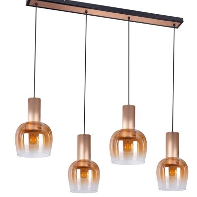 Set of 4 "Funda" pendant lights, retro pendant lamp made of amber-colored glass and matte brushed brass-colored metal, with E27 sockets, 111 cm long, 150 cm high, ideal for dining rooms, living rooms, and kitchens.