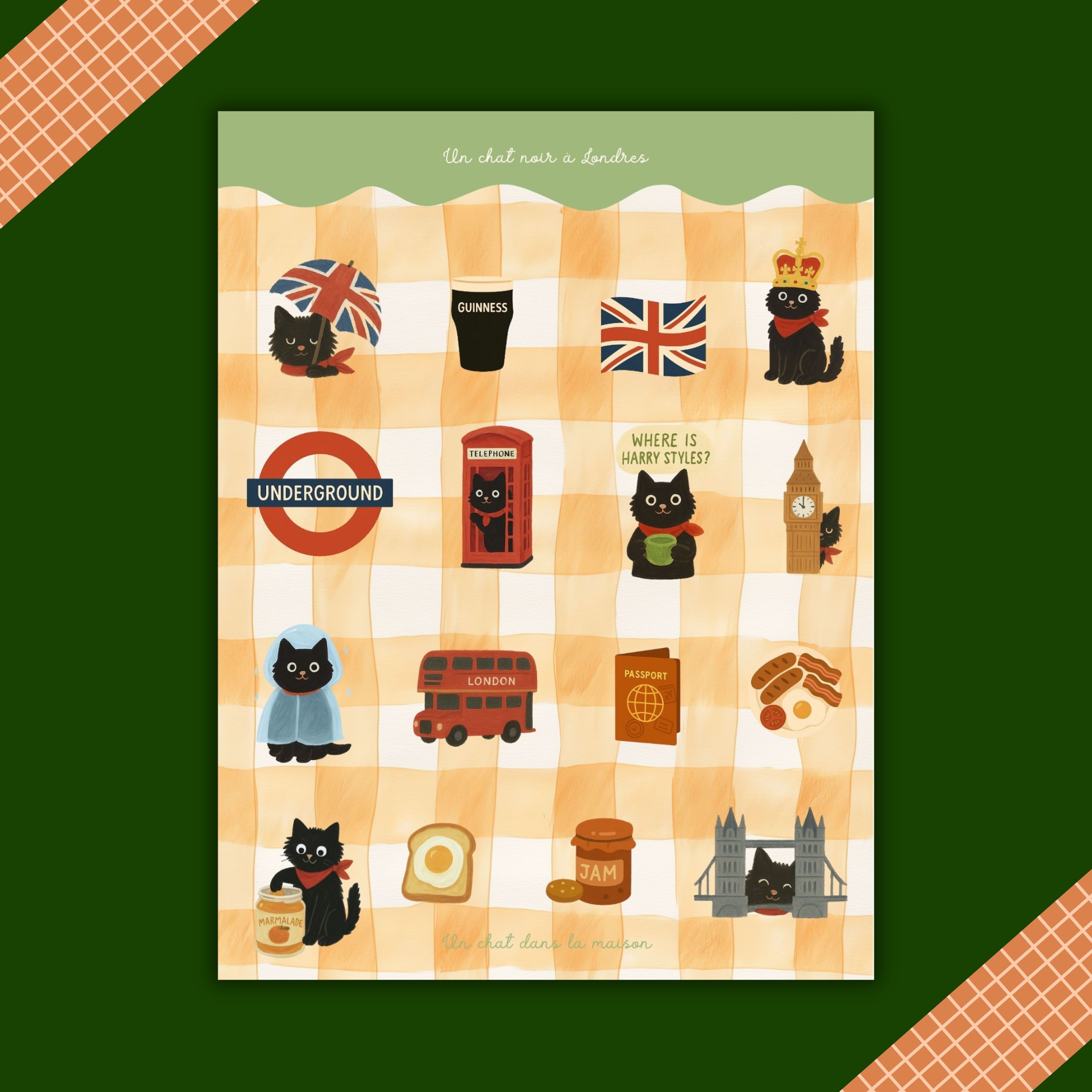 Planche stickers journaling "Le chat noir à Londres" - stickers Chat Noir & Londres – Pack de 16 Stickers
