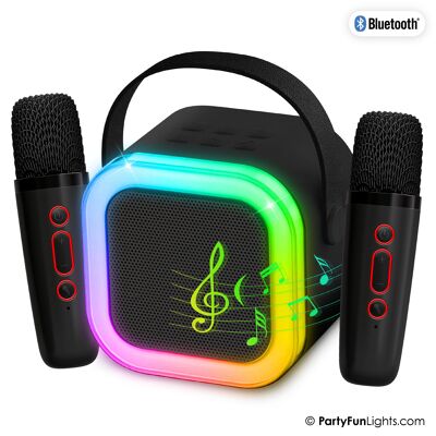 Mini dúo karaoke con altavoz para fiestas - con dos micrófonos color negro - Iluminación de discoteca - Inalámbrico - Para adultos y niños