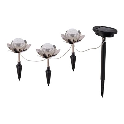 Juego de 3 piquetas decorativas solares "LULE" Ø aprox. 10 cm, aprox.20 cm de alto, acero inoxidable, cristal con efecto craquelado.
