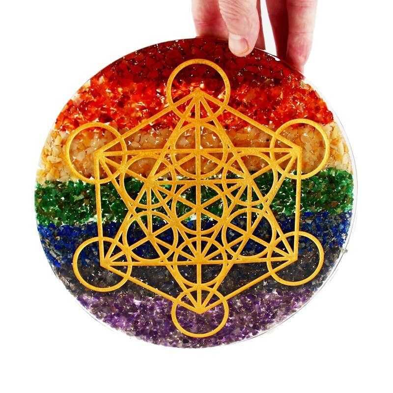 Vassoio in orgonite con 7 chakra e Metatron inciso