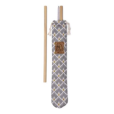 Bolsillo cosido en Francia con 2 pajitas de bambú y un cepillo de limpieza fabricado en Francia - Tela de pavo real gris y dorado