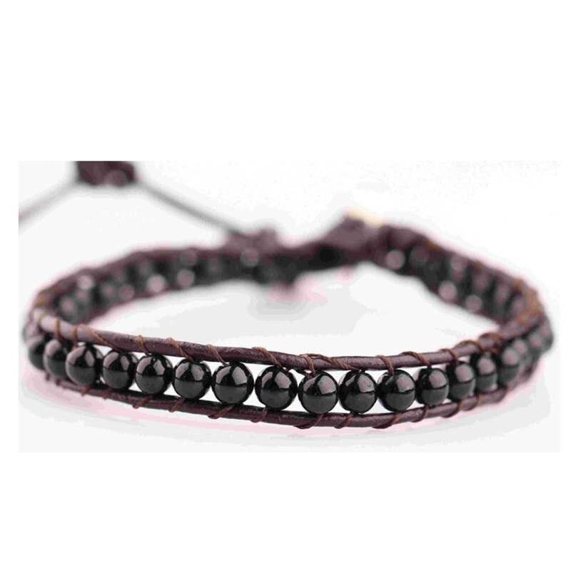 Bracciale in onice nero con perline da 4 mm e pelle - BBOC4P