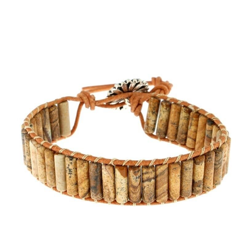 Bracciale in diaspro paesaggio, tubicini 4 x 13 mm e pelle