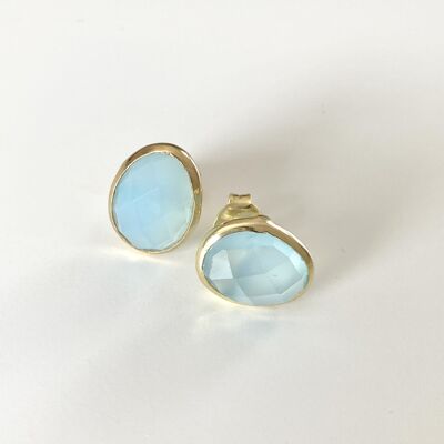 Aqua Chalcedony Organic Elliptical Shaped Gemstone Studs in Gold Plated Sterling Silver