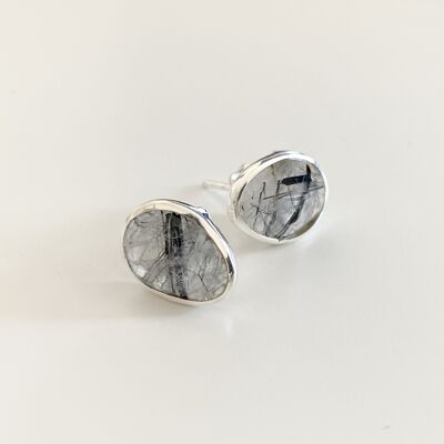 Black Rutilated Quartz Organic Elliptical Shaped Gemstone Studs in Sterling Silver
