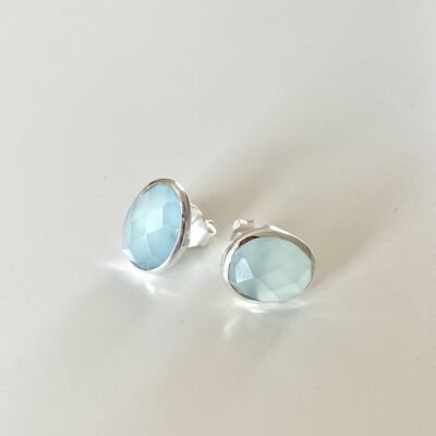 Aqua Chalcedony Organic Elliptical Shaped Gemstone Studs in Sterling Silver