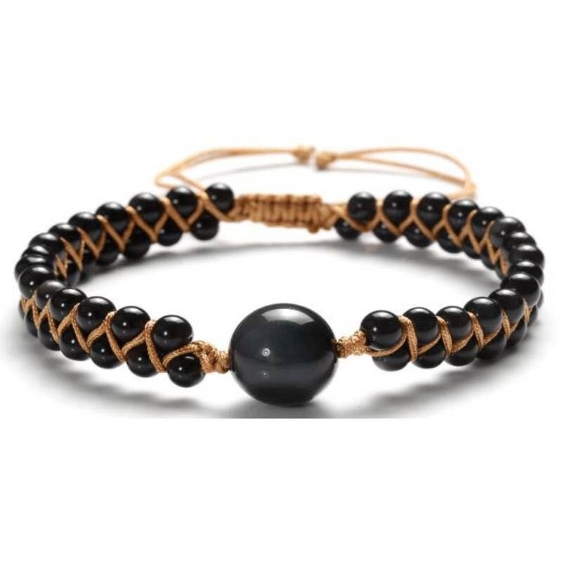Bracciale Shamballa in ossidiana con occhio celeste, perline intrecciate, 4