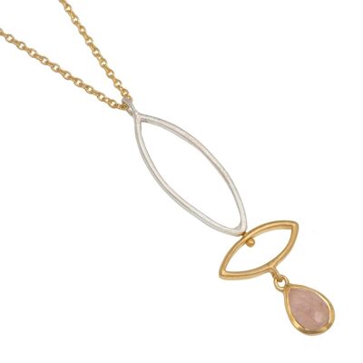 Rose Quartz Gemstone Two Tone Pendant Necklace in Gold Plated Sterling Silver