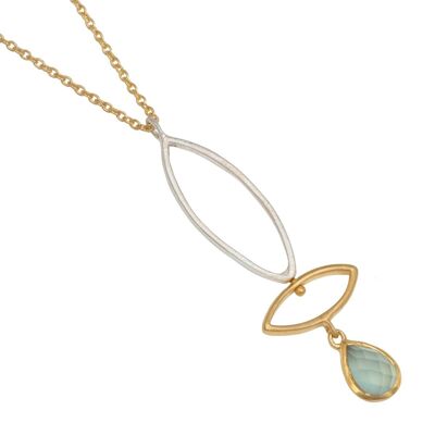 Aqua Chalcedony Gemstone Two Tone Pendant Necklace in Gold Plated Sterling Silver