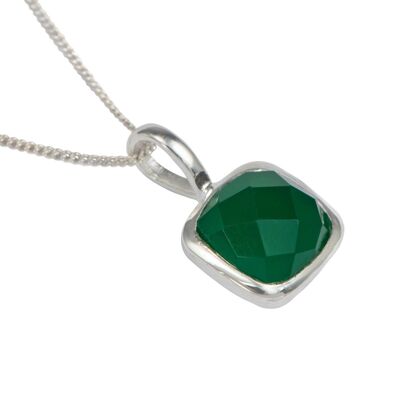 Sterling Silver Pendant with a Faceted Square Gemstone - Green Onyx