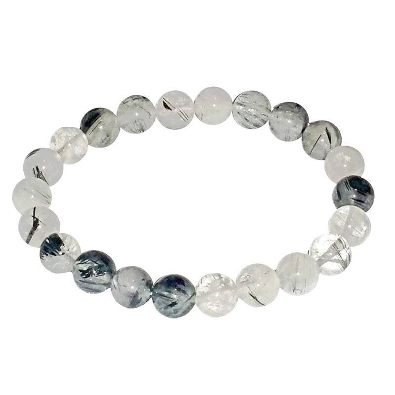 Bracciale in quarzo con inclusioni di tormalina, perle da 8 mm