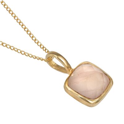 Gold Plated Sterling Silver Pendant with a Faceted Square Gemstone - Rose Quartz