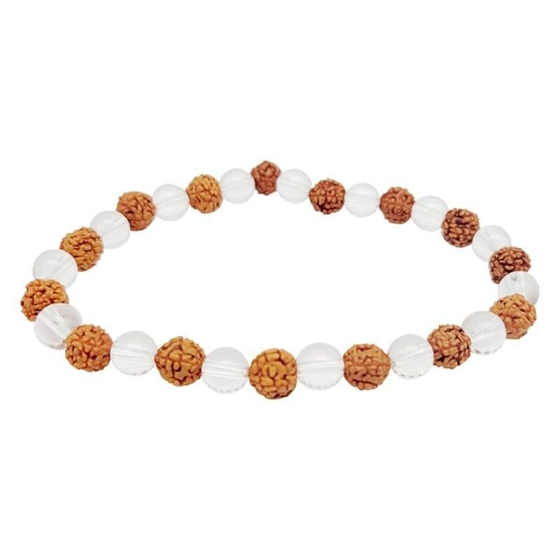 Bracciale in cristallo di rocca e perle di rudraksha da 6 mm