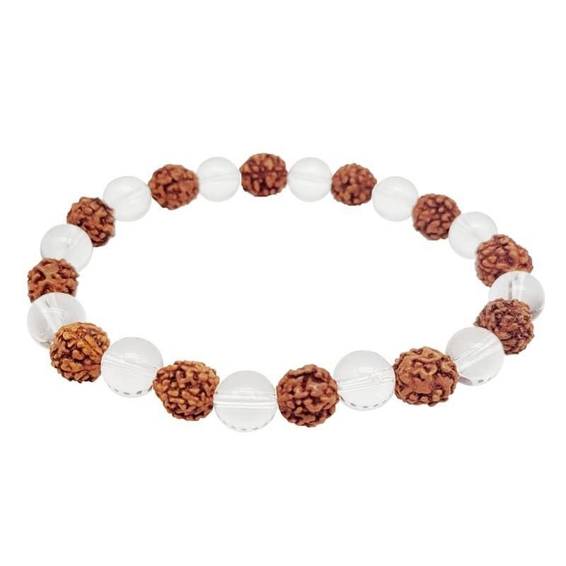 Bracciale in cristallo di rocca e perle di rudraksha da 8 mm