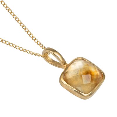 Gold Plated Sterling Silver Pendant with a Faceted Square Gemstone - Citrine