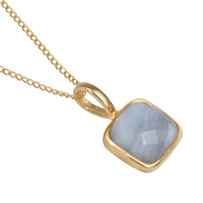 Gold Plated Sterling Silver Pendant with a Faceted Square Gemstone - Blue Laced Agate