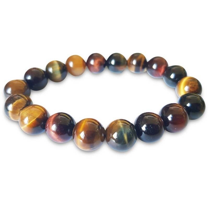 Bracciale con perline da 10 mm in occhio di tigre, occhio di bue e occhio di falco