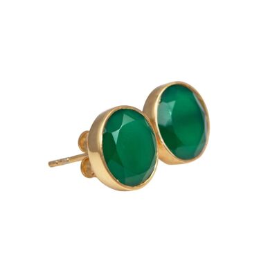 Green Onyx Studs in Gold Plated Sterling Silver with a Round Faceted Gemstone