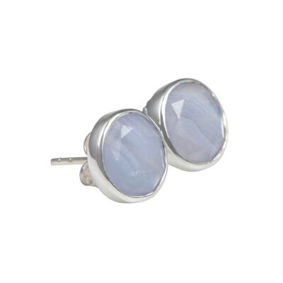 Blue Laced Agate Studs in Sterling Silver with a Round Faceted Gemstone