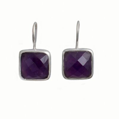 Sterling Silver Square Gemstone Earrings - Amethyst