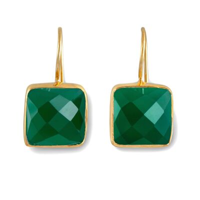 Gold Plated Sterling Silver Square Gemstone Earrings - Green Onyx