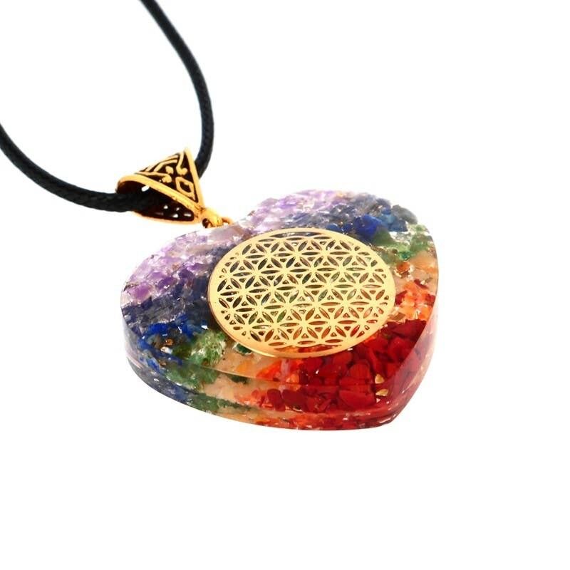 Ciondoli in orgonite con 7 chakra, CUORE, Fiore della vita 3.8 cm