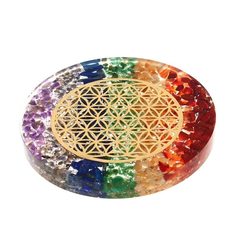 Bandeja de Orgonita Flor de la Vida de 7 Chakras de 10 cm