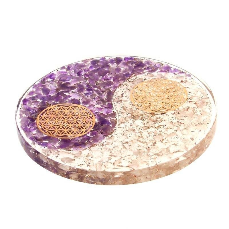 Bandeja Orgonita Amatista y Cristal de Roca Flor de la Vida