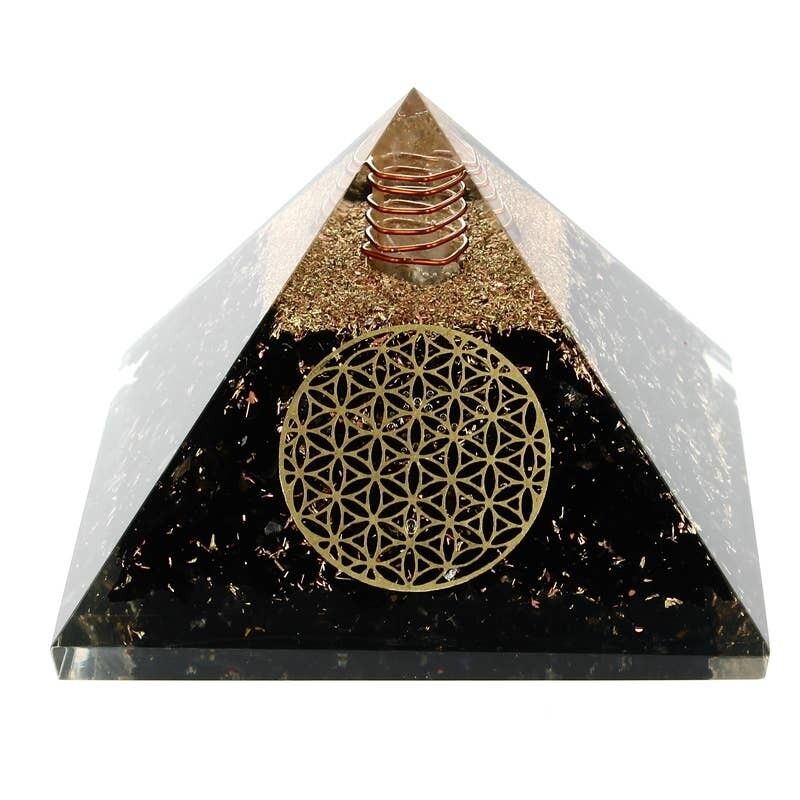 Schwarzer Turmalin-Orgonit, Blume des Lebens, Pyramide 7.5cms