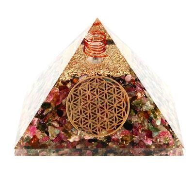 Multicolored Tourmaline Orgonite Pyramid Flower of Life 7.5 cm 