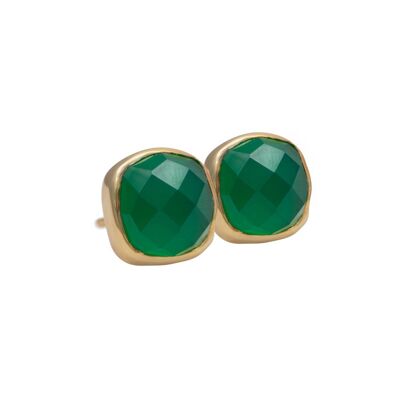 Faceted Square Green Onyx Gemstone Stud Earrings in Gold Plated Sterling Silver