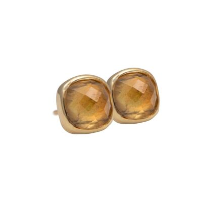Faceted Square Citrine Gemstone Stud Earrings in Gold Plated Sterling Silver