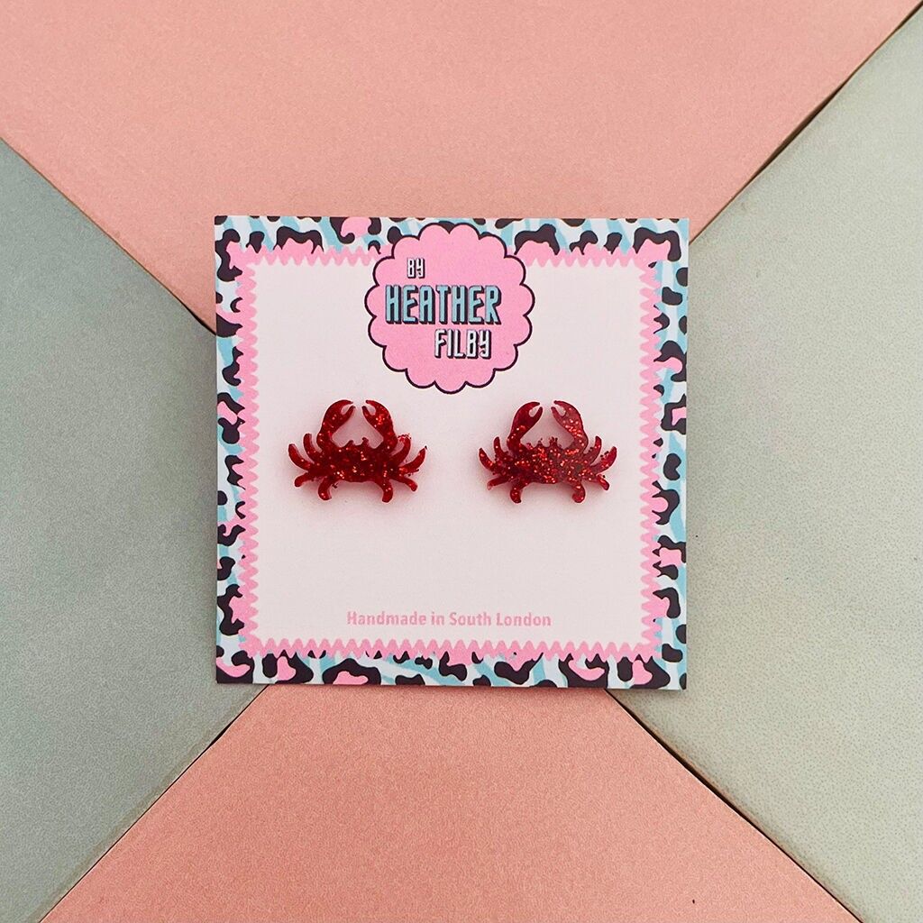 Orecchini a bottone in resina glitterata rosso granchio