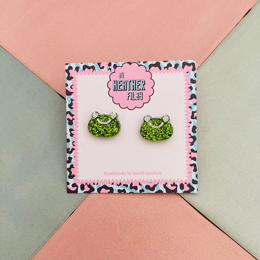 Orecchini a bottone in resina glitterata a forma di rana
