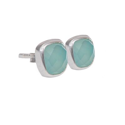 Faceted Square Aqua Chalcedony Gemstone Stud Earrings in Sterling Silver