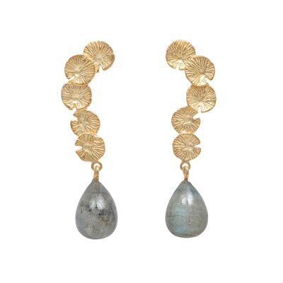 Lily Pad Earrings in Gold Plated Sterling Silver with a Labradorite Stone Drop