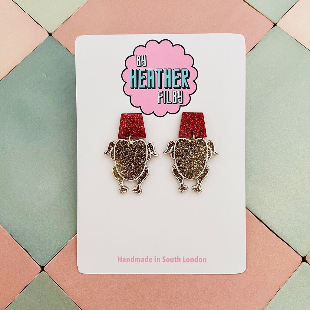 Orecchini in resina glitterata a forma di tacchino di Natale