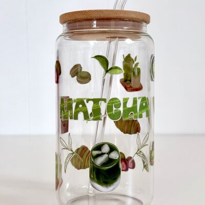 Matcha glass cup with bamboo lid and glass straw