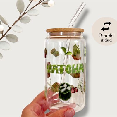 Matcha glass cup with bamboo lid and glass straw