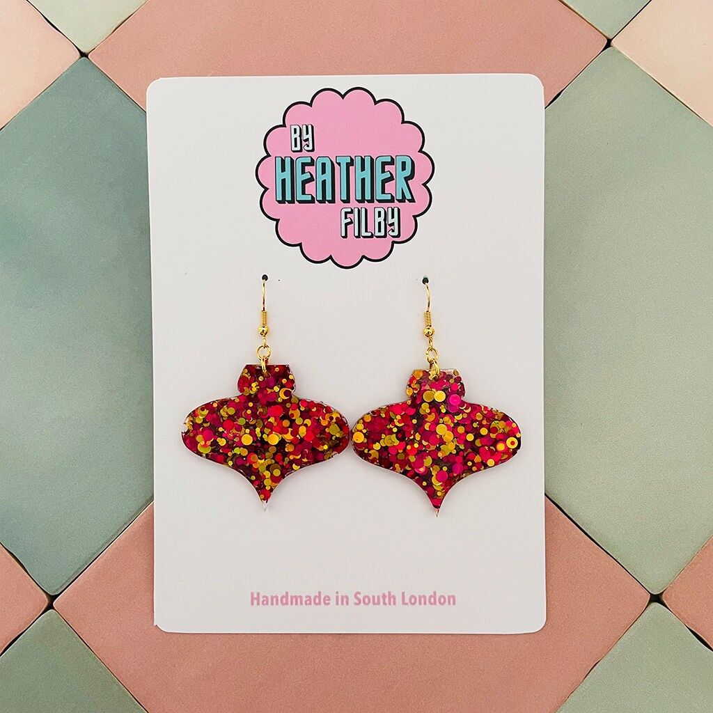 Pallina di Natale anni '90, orecchini in resina glitter rosa e oro