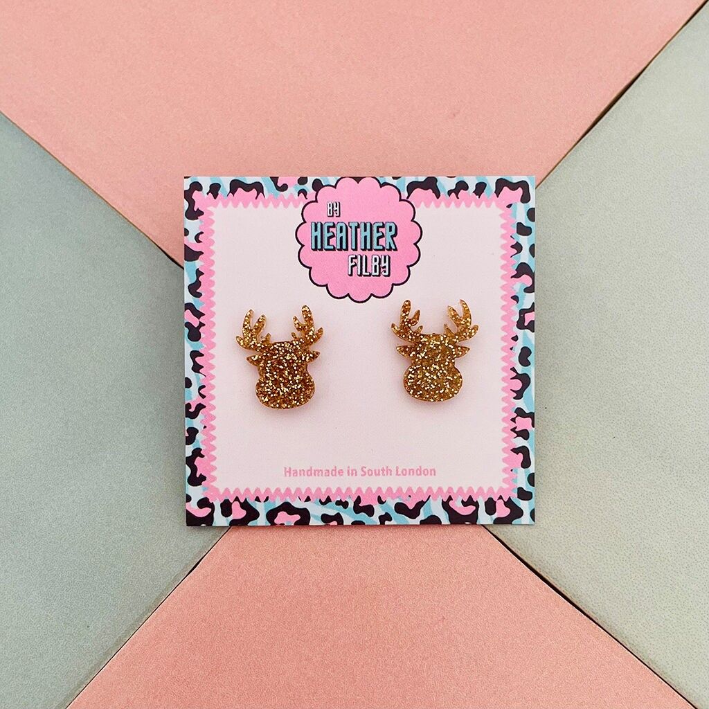 Grandi orecchini a bottone in resina glitterata con renne natalizie