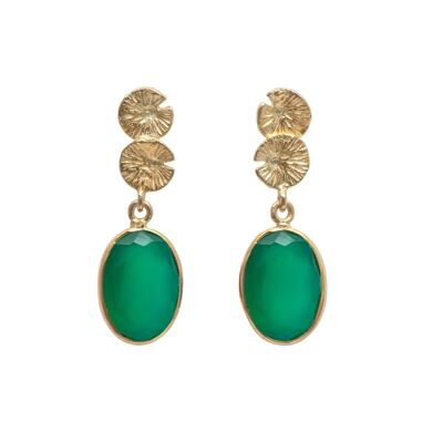 Lily Pad Earrings in Gold Plated Sterling Silver with a Green Onyx Gemstone Drop