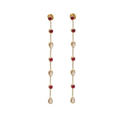 Long fine earrings with small round and teardrop gemstones - Ruby Quartz and Moonstone