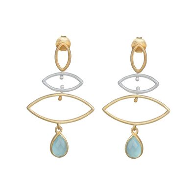 Long earrings in sterling silver and gold plated sterling silver with a stone drop - Aqua Chalcedony