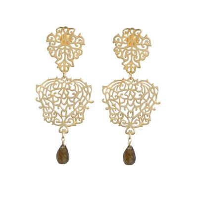 Gold Plated Sterling Silver Intricate Filigree Long Earrings with Stone Drop - Labradorite