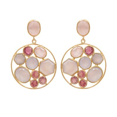 Long Gemstone Earrings with a Round Disc Drop with Stones in Gold Plated Sterling Silver - Rose Quartz and Pink Chalcedony